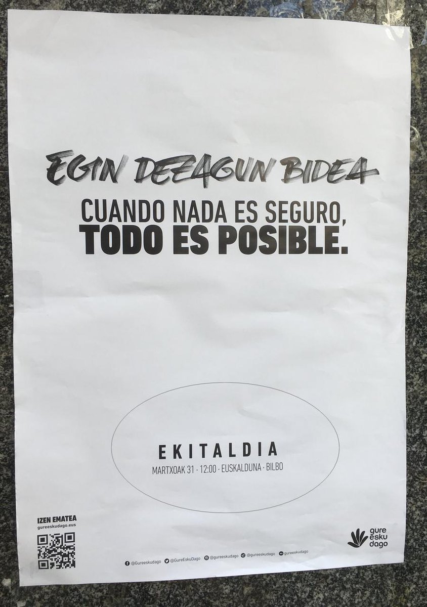 Ziklo berri baten abiapuntua ezarriko du Gure Esku Dago-k martxoaren 31n  
Gure Esku Dago comienza 'una nueva etapa' el 31 de marzo, a las 12:00 en el Palacio Euskalduna de Bilbao.

Apunta Zaitez web horrian.
Apuntate en la página web.

webguneberria.gureeskudago.eus/es/martxoak-31…
