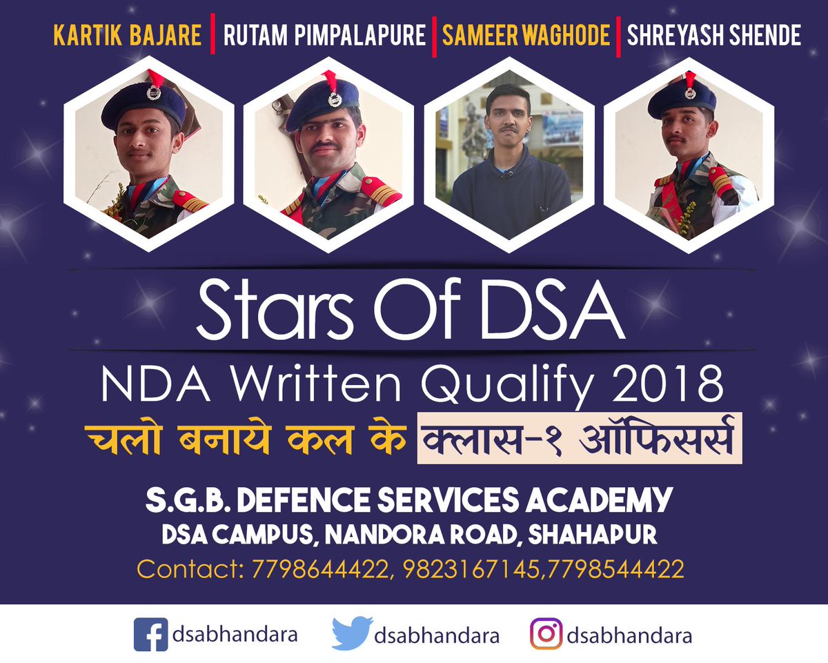 dsabhandara's tweet photo. Defence Services Academy, Bhandara
A leader in NDA coaching...
Call us: 7798644422,9823167145,7798544422
#DSABhandara,#NBPalandurkar
#NDAKhadakwasla https://t.co/OdCaWOlbbV