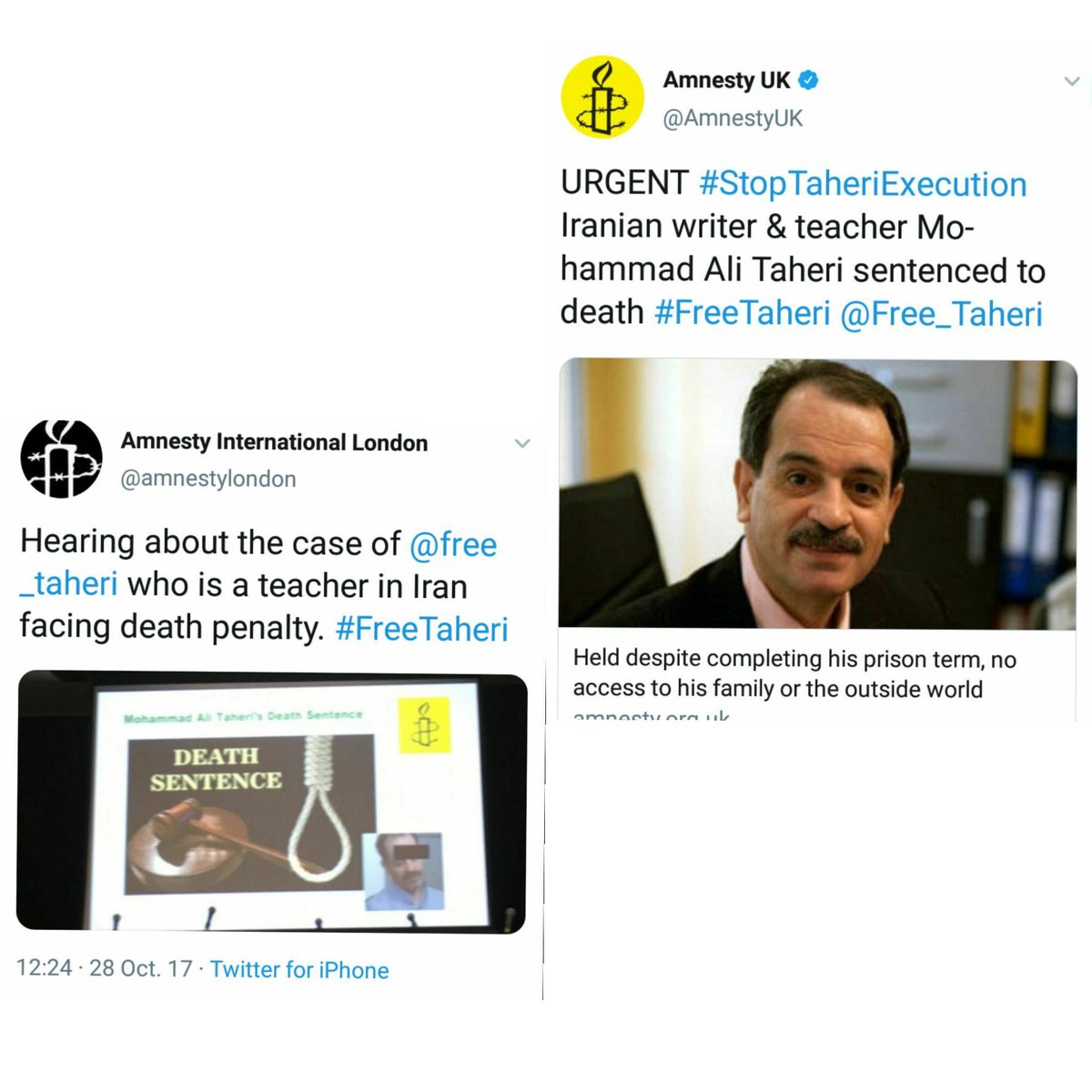 free_taheri's tweet photo. We are extremely thankful to #AmnestyUK, #Amnesty Belgium, Amnesty #London and Tower Hamlets, to Peter Tatchell and other #humanrights groups &amp; activists who have endlessly supported @free_taheri campaign over the years in our endeavor to #FreeTaheri #Taheri #محمدعلی_طاهری #طاهری https://t.co/lnNOx4sPfy