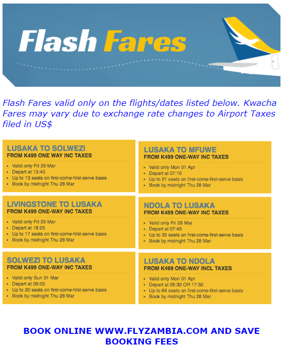 proflightzambia's tweet image. How high are you flying this week?
Fly with our weekly Flash Fares at only k499.
Flights available on Lusaka-Solwezi, Lusaka-Mfuwe, Livingstone-Lusaka, Ndola-Lusaka, Solwezi-Lusaka and Lusaka-Ndola.
Visit flyzambia.com to book your flights.
#ProValue
#SaveBig