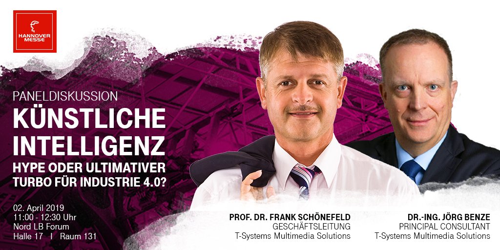 Telekom_MMS's tweet photo. Hype oder ultimativer Turbo für #Industrie40? Am 2. 4. um 11:00 Uhr veranstaltet die @VDE_Group auf der #HM19 ein Forum #KünstlicheIntelligenz. Unter den Teilnehmern ist auch Prof. Dr. Frank Schönefeld (@frank_open), Mitglied der Geschäftsleitung #tsmms. https://t.co/rhDyZQvpJL https://t.co/ypvJjOhfh9