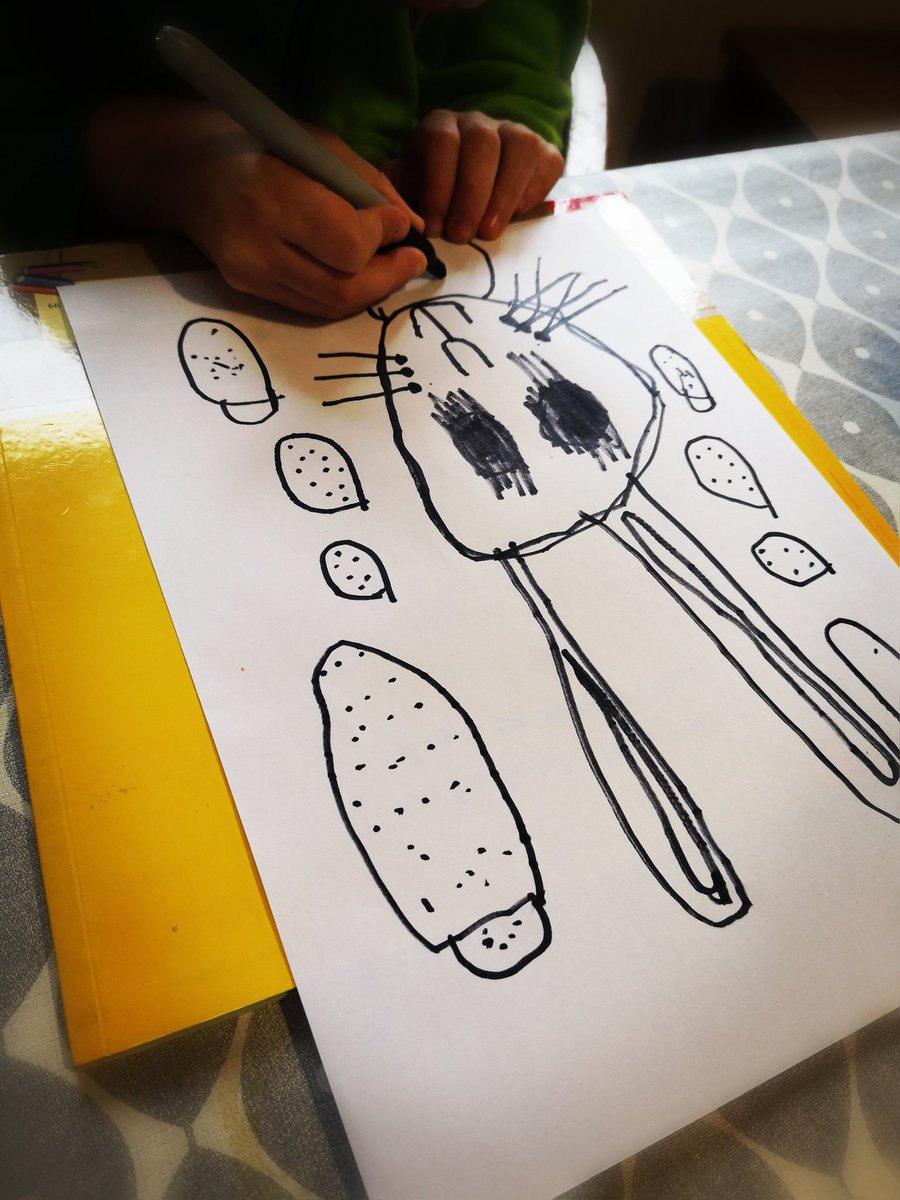 KerrChloe3's tweet image. When this energetic little boy was 3, he wanted to spend his time running, climbing and jumping. When he was 4 and 5 he started mark making in big spaces. It's only recently, at age 6, that he has developed a love for drawing using pens/pencils. #givethemtime #emergingliteracy