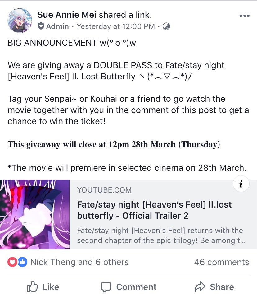 su_anime's tweet photo. Remember to join our Facebook Group (SUAnime) to participate in Fate/Stay Night Heaven’s feel  
movie ticket giveaway event! (｡･ω･｡) https://t.co/nYMQKFXko7