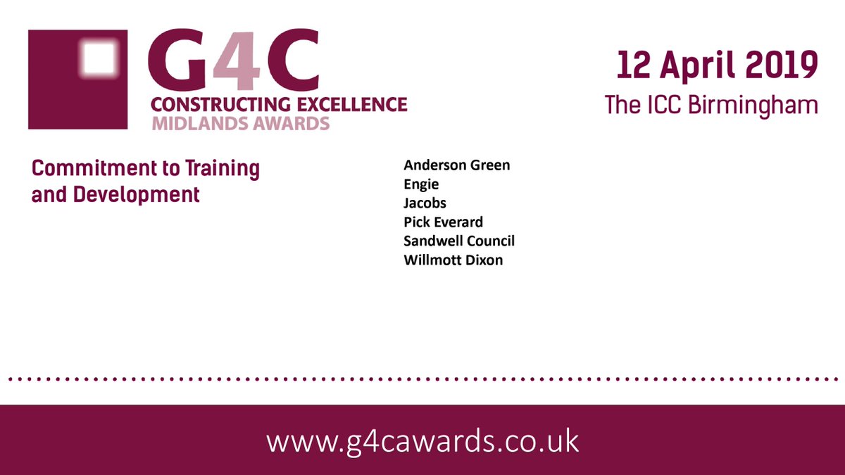 Congratulations to our 2019 Midlands #G4CAwards Commitment to Training & Development finalists: @anderson_green @engie_uk @jacobsconnects @pickeverard @sandwellcouncil @WillmottDixon Full list of finalists here: g4cawards.co.uk/finalists