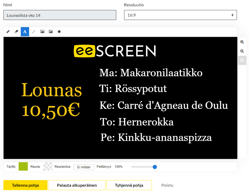 eeScreenCom's tweet image. Uutta ominaisuutta: Mainos-editori, jolla on helppo päivittää näytöstä vaikkapa ruokalistaa tai aukioloaikoja.

Asiasta lyhyesti lisää @eekuoy blogissa: eeku.fi/blog/eescreen-…