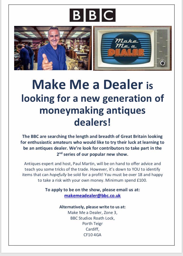 We start filming next week for #MakeMeaDealer for <a href="/BBCOne/">BBC One</a> we’re off to <a href="/acornantiques2/">acornantiques</a> #Bridgehouseantiques <a href="/PetworthAM/">PetworthAntiques Mkt</a> <a href="/Cotteesinfo/">Cottees Auctioneers</a> to start us off and at #Flogit <a href="/BBCBargainHunt/">BBC Bargain Hunt</a> <a href="/AntiqueRoadTrip/">Antiques Road Trip</a> favorites auction houses <a href="/SouthonAuction/">CatherineSouthonAuct</a> &amp; <a href="/apauctioneers/">Adam Partridge</a>. Still time to join me!