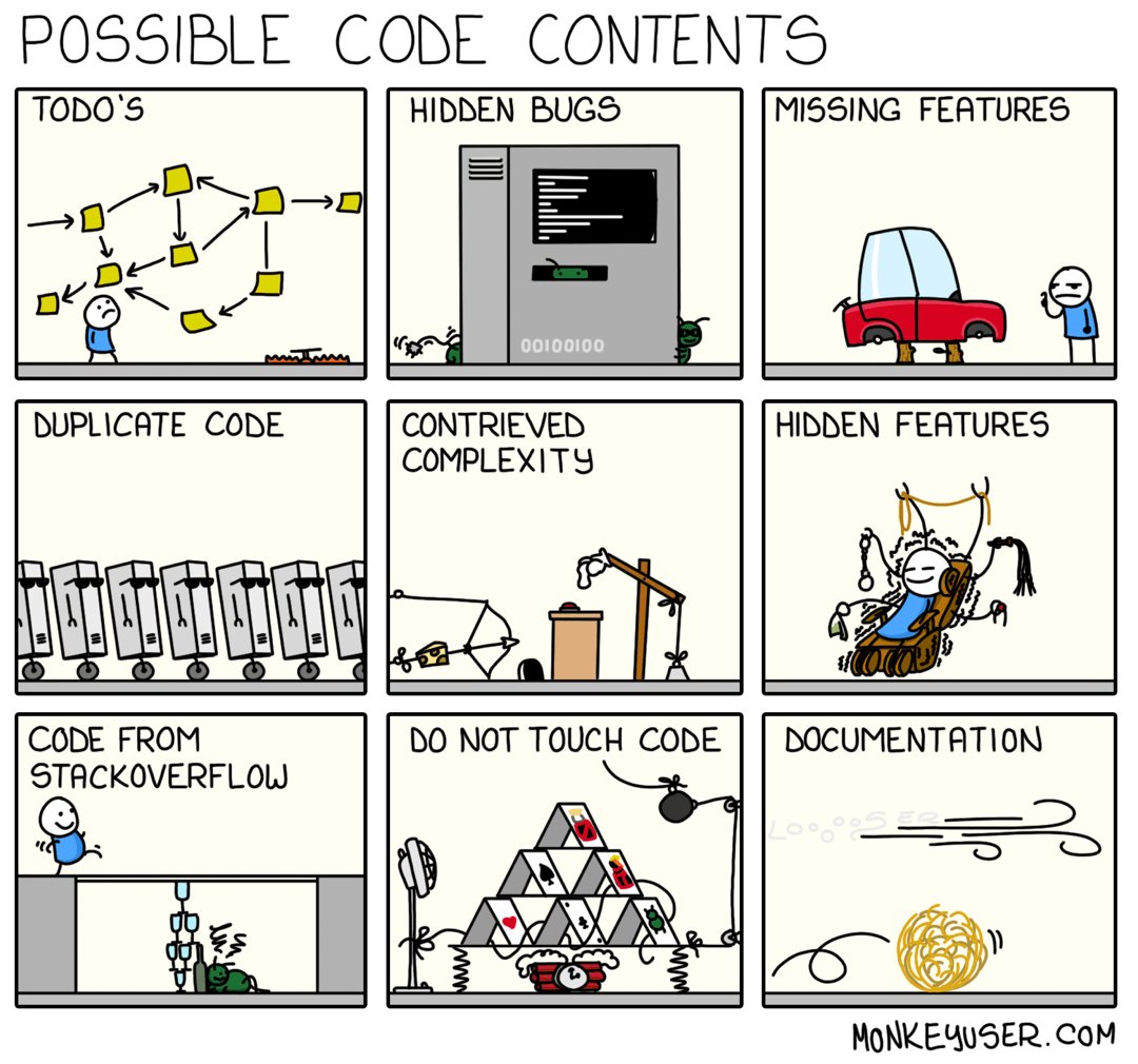 murat_purc's tweet image. Possible Code Contents: 

- Todo's 
- Hidden bugs 
- Missing features 
- Duplicate code 
- Contrieved complexity 
- Hidden features 
- Code from stackoverflow 
- Do not touch code 
- Documentation 

(via instagram.com/p/Bvdl5p3BE85/) 

#monkeyuser #devhumor #comics #programmerhumor