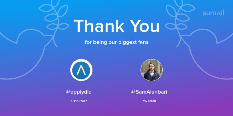 Our biggest fans this week: @applydia, <a href="/SamAlanbari/">Sam Alanbari</a>. Thank you! via sumall.com/thankyou?utm_s…