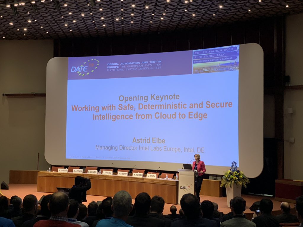 Daniel_Grosse's tweet image. 1st #DATEconference 2019 keynote by Astrid Elbe from Intel Labs Europe on Working with Safe, Deterministic and Secure Intelligence from Cloud to Edge starts