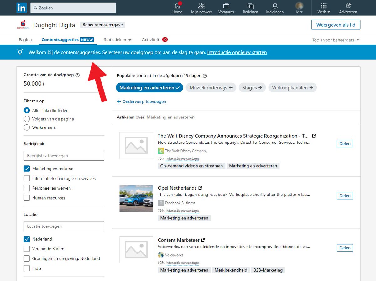 DogfightDigital's tweet photo. Vind jij het lastig om een post te bedenken voor je LinkedIn Bedrijfspagina? Dan is de nieuwe LinkedIn functie iets voor jou! Met de functie ‘Contentsuggesties’ laat LinkedIn relevante artikelen zien, die jij kan delen met jouw bedrijfspagina.
#LinkedIn #Content #SocialMedia https://t.co/HYxqrzob9Q