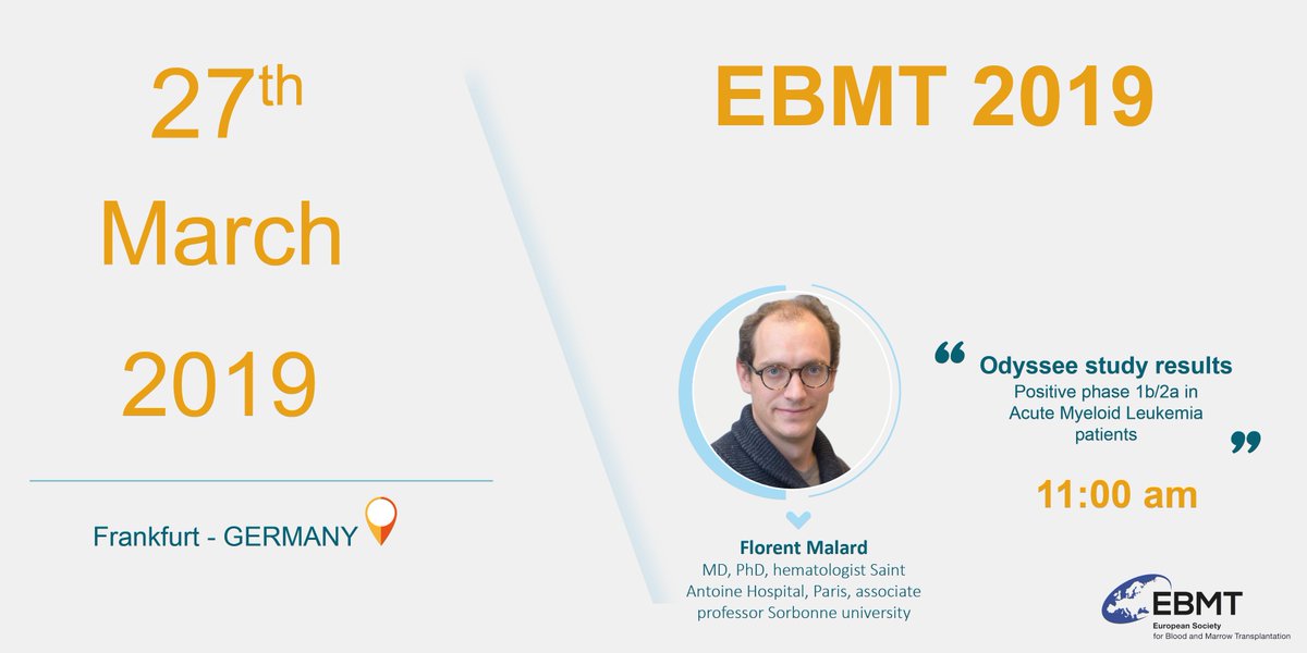 MaaT_Pharma's tweet photo. .@Florent_Malard will present @MaaT_Pharma Odyssee study's results in Acute Myeloid Leukemia patients at @TheEBMT on March 27th at 11am ! #AML #microbiota #MMRB #EBMT19 https://t.co/QY6YwO3ufb https://t.co/dCDvIaVwDZ