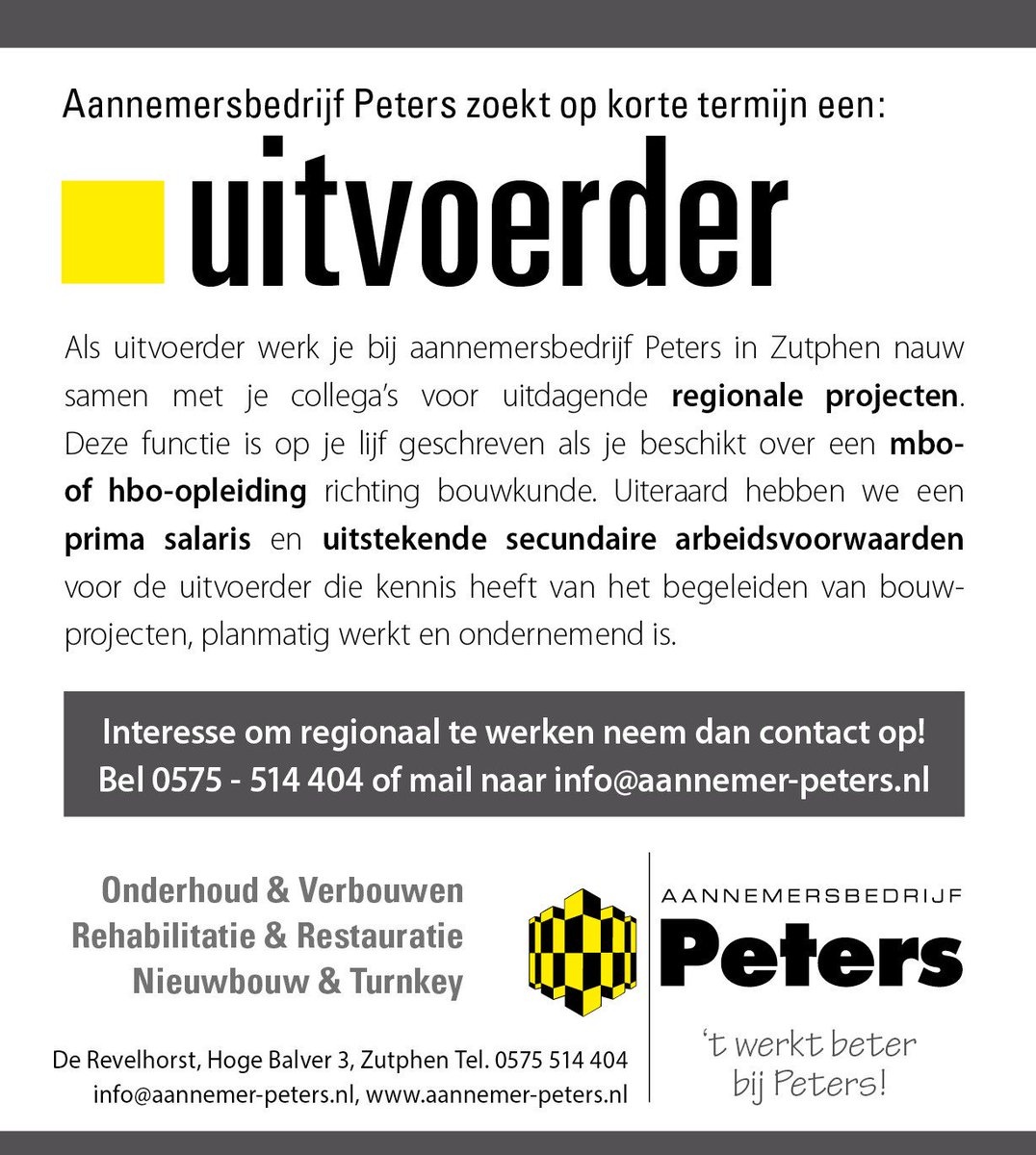 <a href="/Aannemer_Peters/">Aannemer Peters</a> zoekt een #Uitvoerder! Interesse? Bel of mail... #vacature
