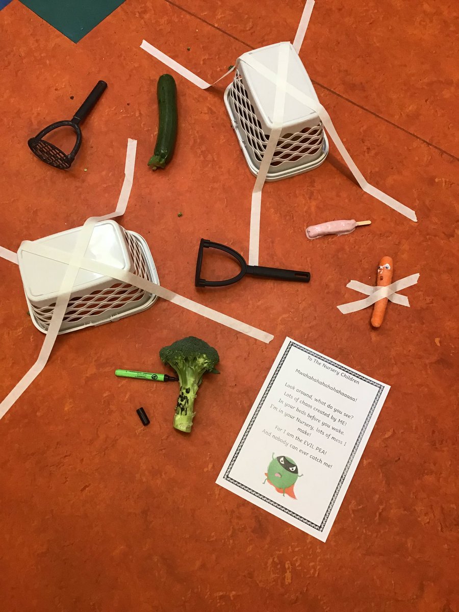 missperry673's tweet photo. Hmm 🤔There’s a trail of destruction in Nursery this morning. It looks like there’s an evil pea on the loose! Who can save us?? #creatingnewvocabulary #supertato https://t.co/yFcvDD7rSw