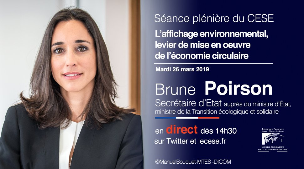 🔴 Dès 14h30, suivez en direct la présentation du projet d'avis "L'#AffichageEnvironnemental, levier pour la mise en oeuvre de l'#EconomieCirculaire", en présence de <a href="/brunepoirson/">Brune Poirson</a>, secrétaire d'État auprès du ministre de la Transition écologique et solidaire. #environnement
