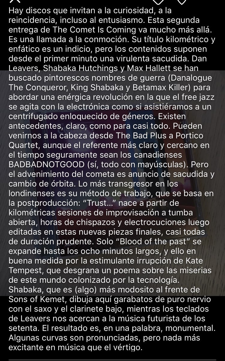 Aviso: esto de <a href="/cometcoming/">The Comet is Coming</a> que asoma hoy por #UnDiscoAlDía es impresionante. Electrónica y jazz con espíritu libérrimo: una conmoción. Y una muy buena noticia: el 9 de mayo en @CondeDuqueMAD