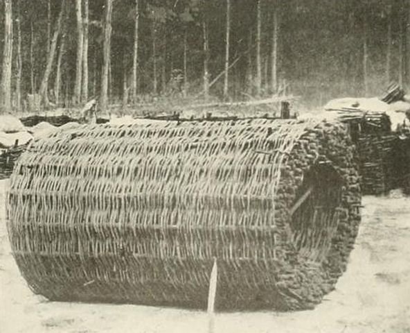 Gabions continued to be used for both the offence and defence, usually manufactured locally using readily available materials and filled in situ. A novel use emerged in the 1850’s, the Sap Roller, a large cylindrical gabion on its side /5