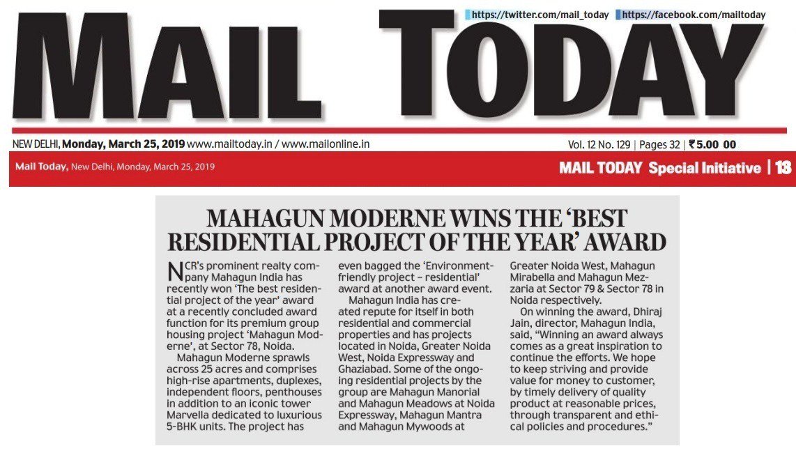 mahagungroup's tweet photo. Mahagun India won the ‘Best Residential Project of The Year’ award for its premium group housing project #MahagunModerne!
The same got covered by @mail_today.
Click to read:
#MediaUpdate #BestResidentialProject #MahagunIndia #RealEstate #ANameThatPerforms https://t.co/3Y1slWrbAD