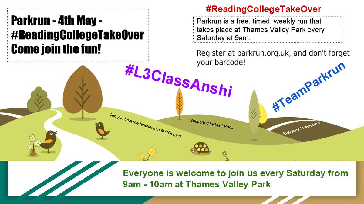 RyanHar76716178's tweet photo. Would you like to help us spread the word about parkrun and junior parkrun? πββοΈ
If so, you can share our parkrun flyers, or tag someone you know who needs a reminder π
π³ #loveparkrun #l3classanshi #ReadingCollegeTakeOver https://t.co/6ZzbUR5Ntj