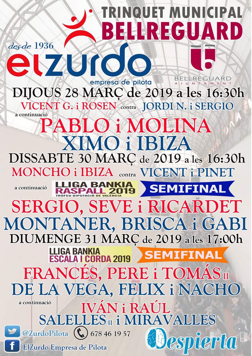 ZurdoPilota's tweet photo. 🗓️ PROGRAMACIÓ SETMANAL🗓️
🏟️ZURDO DE BELLREGUARD🏟️
#DijousRaspallPRO
#DissabteSemiLligaRaspall
#DiumengeSemiLligaEiC
#RaspallElit #EiCElit 
#pilotaprofessional
#amblapilotaprofessional
#pilotavalenciana #pilotamola
#TardeosElZurdoPilota https://t.co/Yjzzk7qT0c