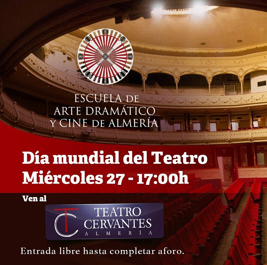 artedramaticoAL's tweet photo. 🎊¡Día mundial del teatro!🎭✨ Miércoles 27 a las 17:00h
'Entrada libre hasta completar aforo'
17:15 - Lectura de Manifiesto
17:30 - Danza, clown
18:00 - Muestra teatro adultos "Las manos" (2° pase a las 20:00)
#EADCA #TeatroCervantesAlmería
#DíaMundialDelTeatro #WorldTheatreDay https://t.co/Caqk4YR8Br