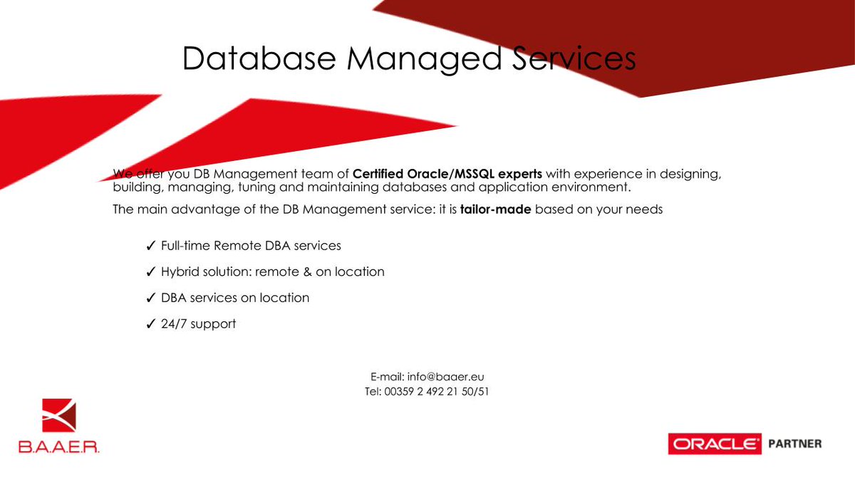 BAAERLTD's tweet photo. @BAAERLTD is excited to offer you Database Managed Services! We have the privilege to work with highly experienced and proved professionals. 
Do not hesitate to reach us!
#databases #ManagedService #flexibility https://t.co/w8jAOeRBGI