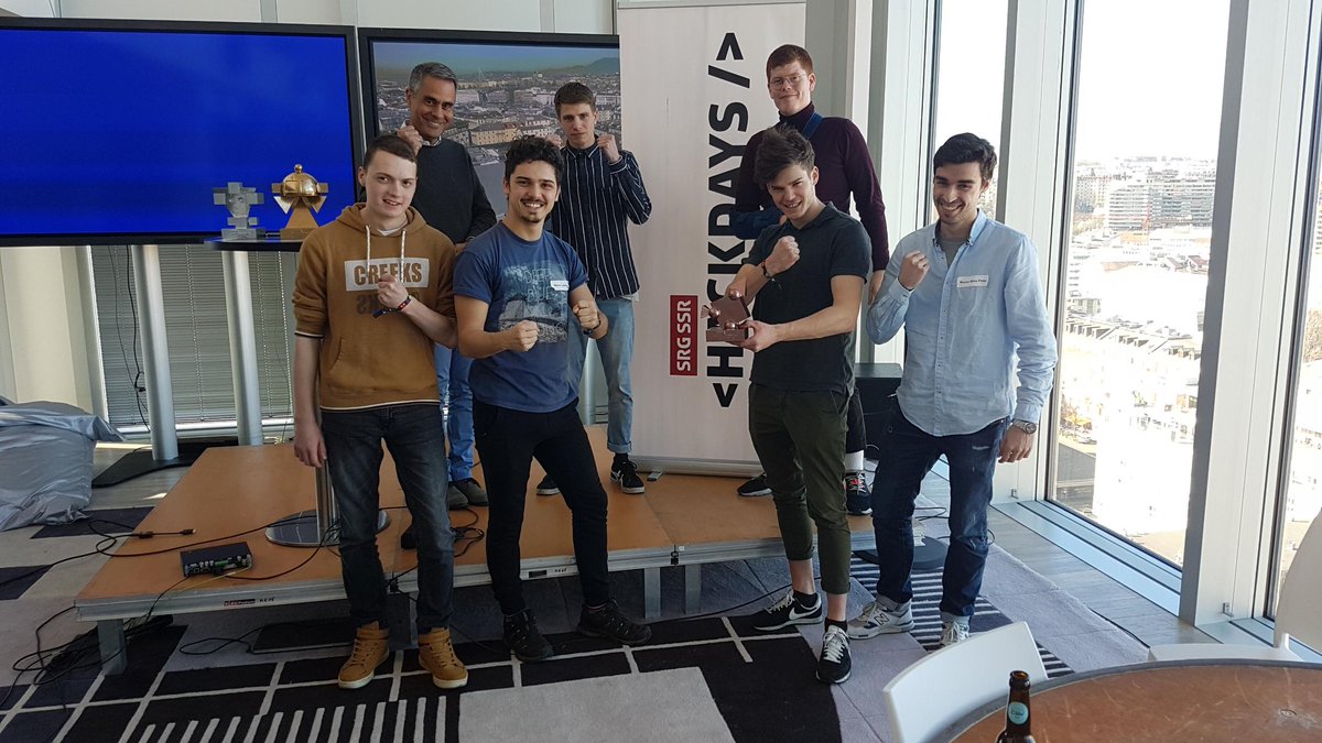 ingenieriemedia's tweet photo. Very proud to see three of our freshly graduated students reach the podium with their team during the #Hackdays organized by the @SRGSSR ! Check out their pitch right here ! -> https://t.co/Q12RwdfMjY
#MediaEngineering #CriticalThinking #News https://t.co/qjSdpO5czB