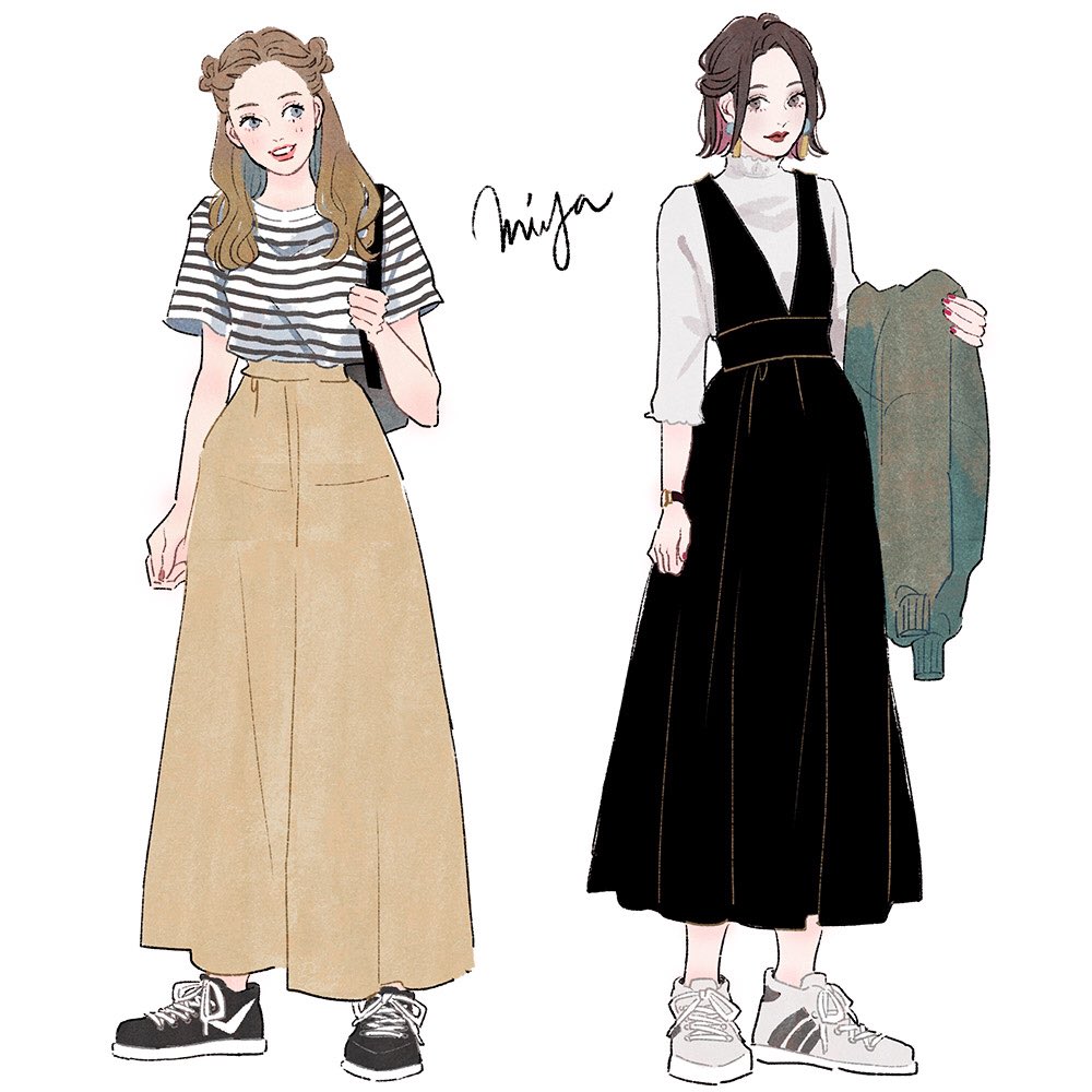 multiple girls 2girls skirt sneakers shirt brown hair shoes  illustration images