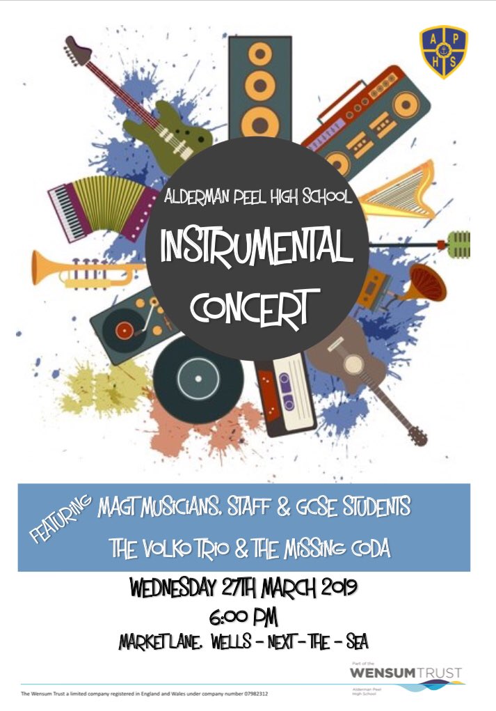 APHS_EMT's tweet photo. Hear some of the @AldermanHigh musicians in action! An exciting instrumental concert featuring MAGT &amp; GCSE music students, peripatetic staff, The Volko Trio &amp; The Missing Coda! Intrigued? See you tomorrow at 6pm
🎷🎸🎺🎻🥁🎹
@NorfolkMusicHub @WensumTrust https://t.co/fJCb2eCMTQ