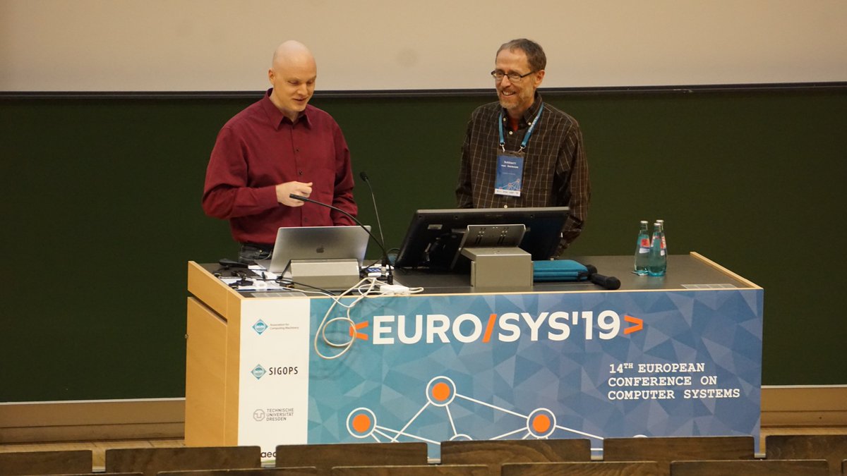 EuroSys_conf's tweet photo. #OpeningSession: The #EuroSys2019 Program Commitee Chairs, George Candea (@EPFL)_en and Robbert van Renesse @rvanren (@Cornell) gave some insights on the #review process. Hard / fun fact: reviewers had to consume 4.5M words! 🧐😯😒💪
#Eurosys19 https://t.co/QKNfnWc2uP