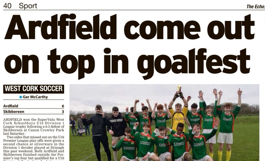 theWCSL's tweet photo. Read @germccarthy74 full page coverage of #Ardfield and @BayRoversBantry winning @SuperValuIRL WCSL silverware in today's @echolivecork https://t.co/oOoG8uQFMm