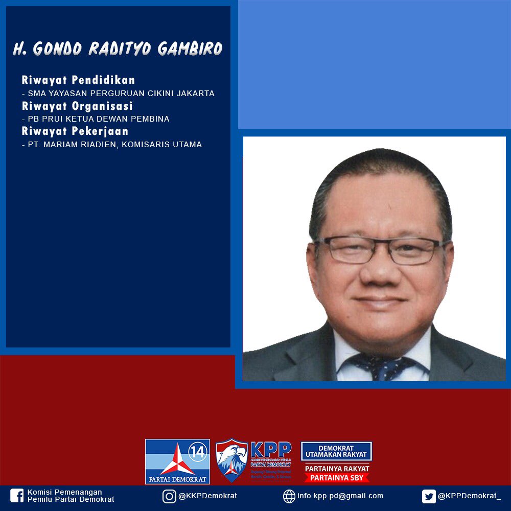 KPPDemokrat_'s tweet photo. Kenalan yuk sama Caleg Fraksi Partai Demokrat 👇🏼
1. H.Gondo Radityo Gambiro
(Calon Ang.Legislatif 2019-2024 Dapil Jatim XI)
Beliau merupakan Pengusaha yg menjabat di kursi DPR RI periode 2009-2014 Komisi VIII
#jawatimur #KPPPD #partaidemokrat #demokratsiap2019 #mengenalcalegfpd https://t.co/dPWnAP1Ovb