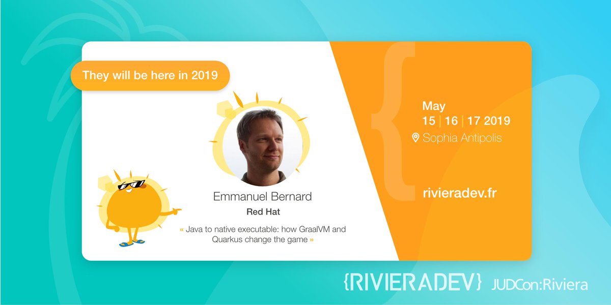 RivieraDEV's tweet photo. We are delighted to have @emmanuelbernard as speaker this year at #RivieraDEV #JUDCon
🎙 Java to native executable: how GraalVM and Quarkus change the game
#Java #Quarkus #GraalVM
#SophiaAntipolis ☀️🌴 https://t.co/mm1HDrh8vt