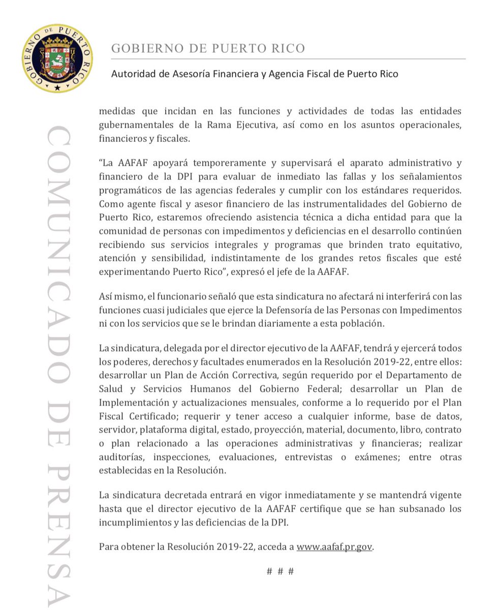 AAFAFPR's tweet photo. [Comunicado de Prensa] La @AAFAFPR declaró en sindicatura a la Defensoría de las Personas con Impedimentos. Esta acción tiene como objetivo poder atender unas serias deficiencias identificadas por el Departamento de Salud y Servicios Humanos del Gobierno Federal. #AafafInforma https://t.co/i1X6EEpY0H