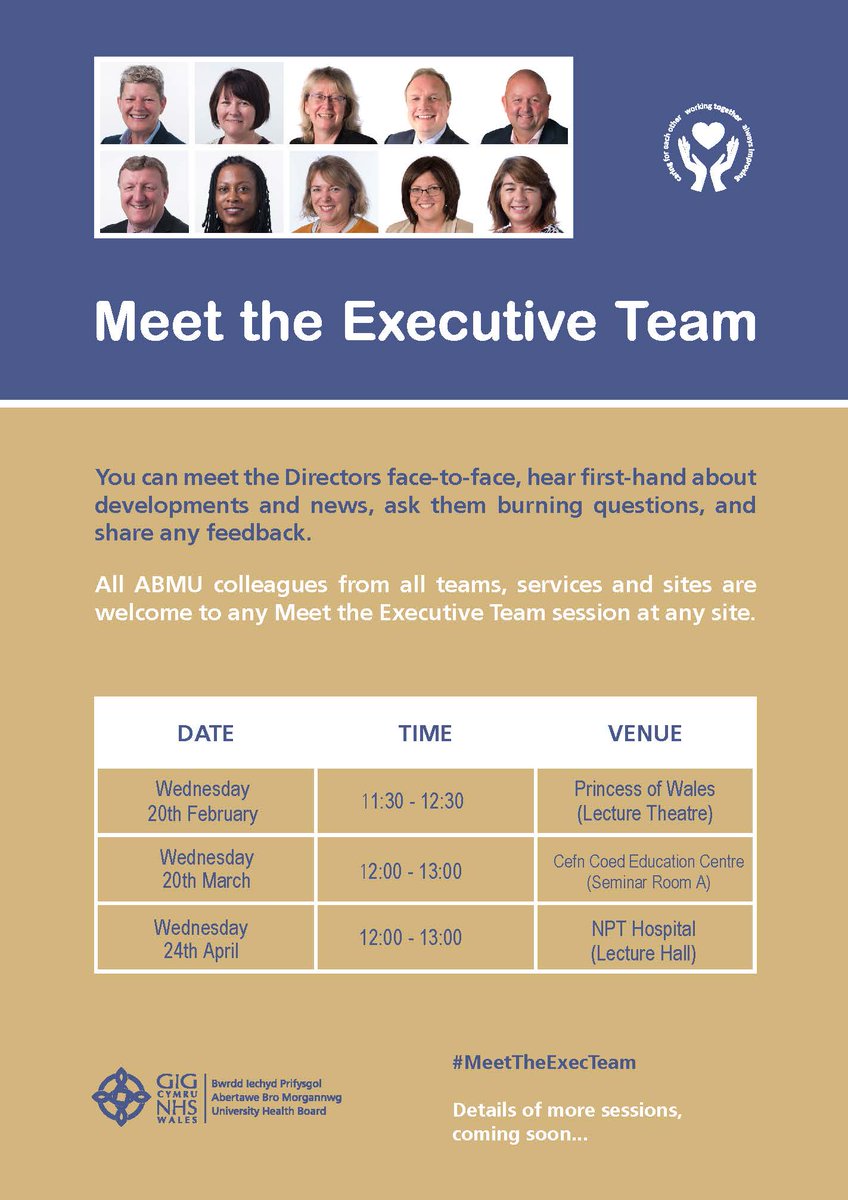 Tracy_Myhill's tweet photo. Thanks to everyone who came along to #MeetTheExecTeam at #CefnCoedHospital last week. It was a helpful discussion and we're grateful for your time. Next stop: #NPTHospital on Wednesday April 24. Full details below... #TeamABMU https://t.co/tTCJIDt9ya