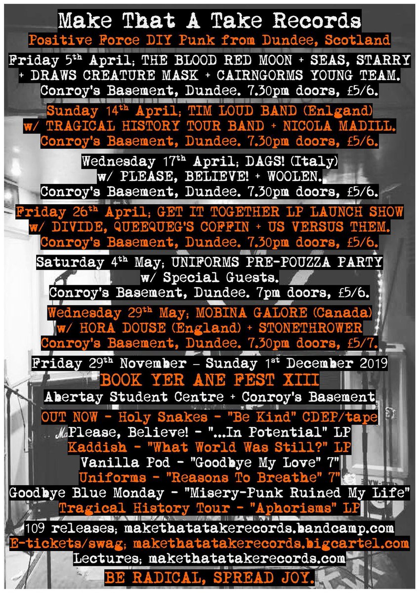 makethatatake's tweet image. A LITTLE BIT OF SPRINGTIME.

05/04; Blood Red Moon @seasstarry @CreatureMask + Cairngorms Young Team

17/04; Dags! (Italy) + Please, Believe + Woolen

26/04; @GetItTogetherUK LP Launch w/ Divide @QCoffin + USVERSUSTHEM

04/05; @weareuniforms Pre @PouzzaFest Party

🤘

#Dundee