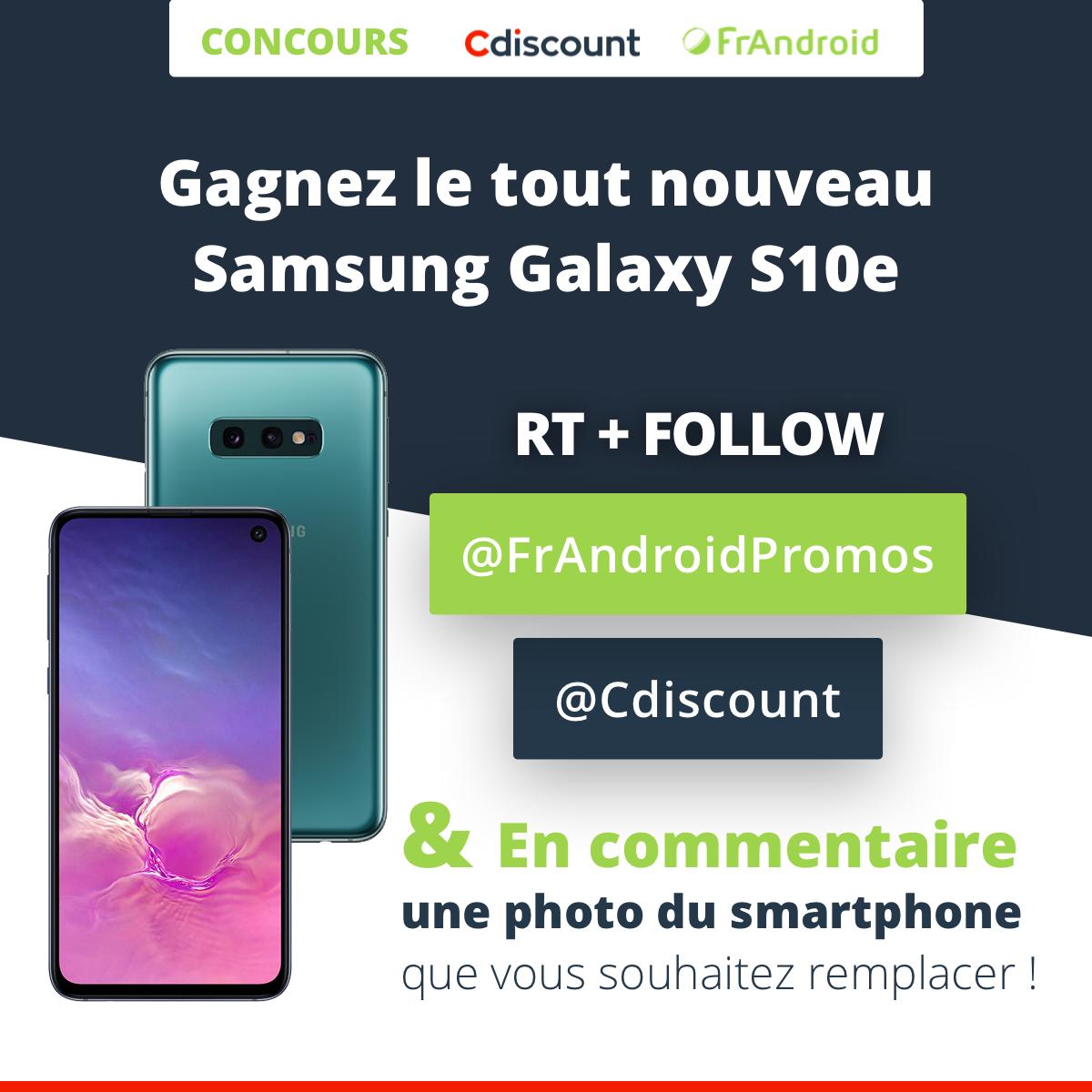 FrandroidPromos's tweet photo. 🎁 #CONCOURS ! 🎊

👉 Gagnez le tout nouveau #SamsungGalaxyS10e ! 👈

1⃣ RT + Follow @FrAndroidPromos &amp; @Cdiscount 

2⃣ Postez en commentaire une photo du smartphone que vous souhaitez remplacer ! 👋

🎲 Tirage au sort le 16/04 ! Bonne chance à tous ! 🍀 https://t.co/Byy0PLLWKA