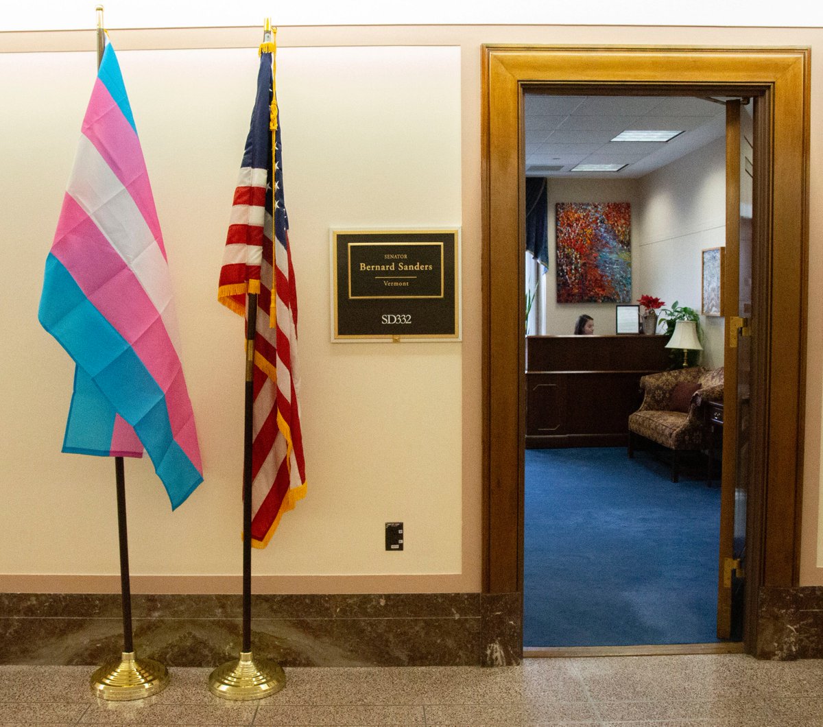 Discrimination has no place in our society. I am proud to display this flag as a symbol of my support for transgender people across the country. We must stand with transgender people in all of our communities.
