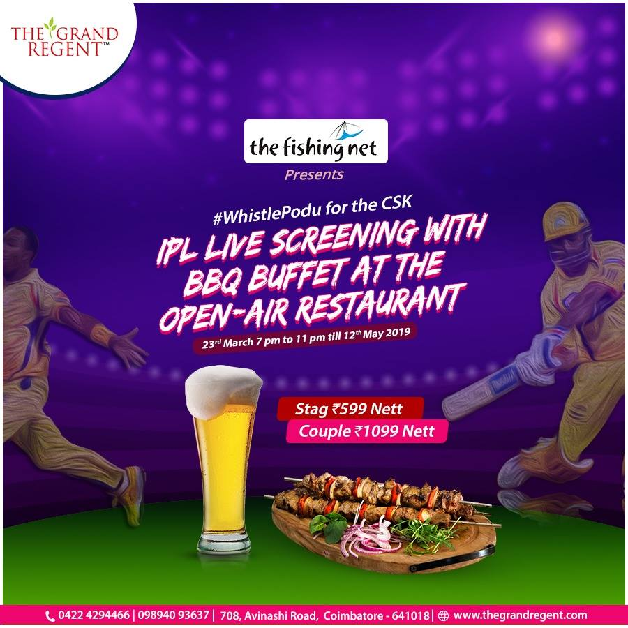 TheGrandRegent's tweet photo. 🦁🏏🦁 As the lions are ready to roar, come catch the action LIVE - #CSKvsDC at our open-air venue this evening. 

🔹 BBQ Buffet deal @ 1099 Nett for couple &amp; 599 Nett for stag. https://t.co/zSbvMqdbvl