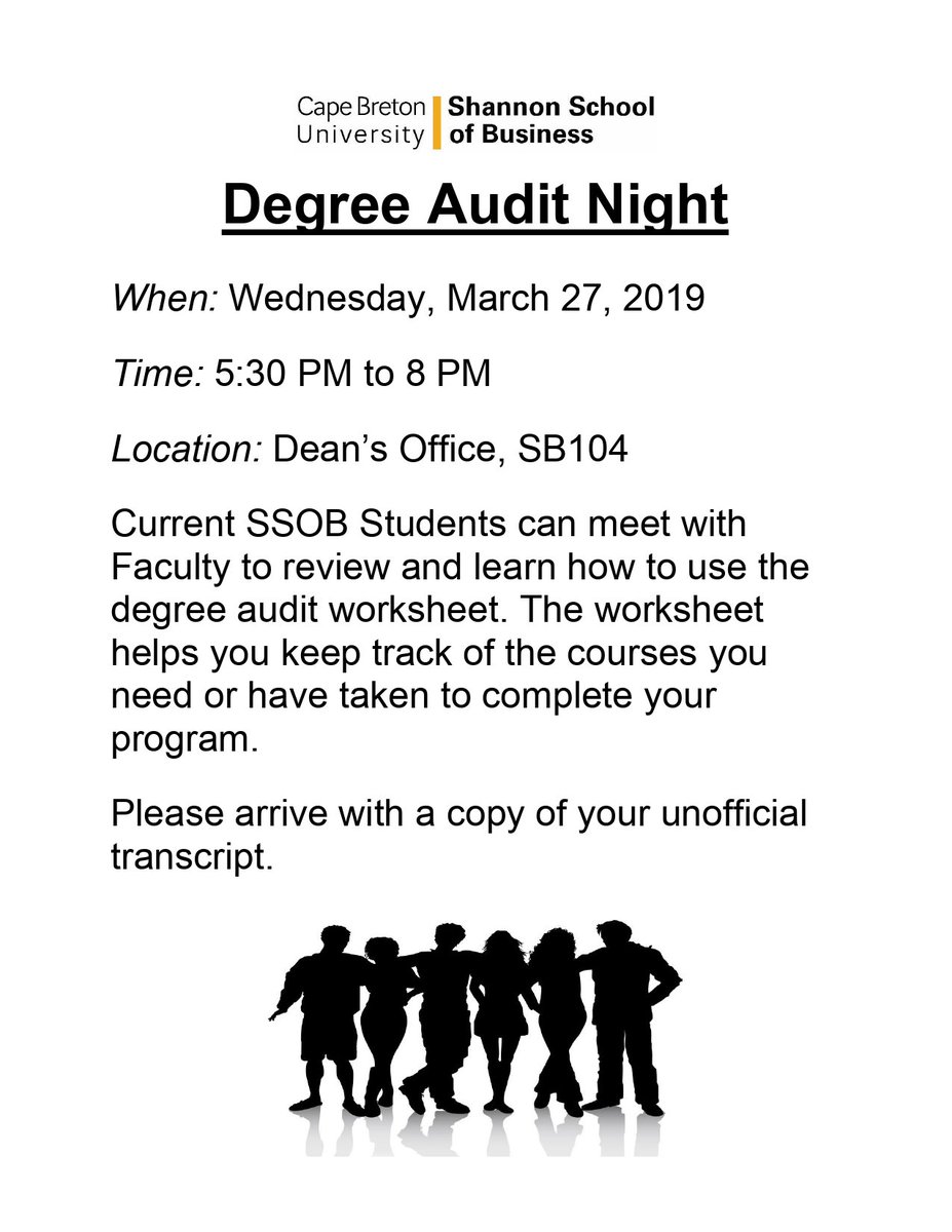 SSatCBU's tweet image. Attention SSoB students! Are you looking for a tool to help you keep track of the courses you need or have taken to complete your program? Stop by the Dean's Office on 𝐖𝐞𝐝𝐧𝐞𝐬𝐝𝐚𝐲, 𝐌𝐚𝐫𝐜𝐡 𝟐𝟕, to meet with faculty and learn about the Degree Audit Worksheet!