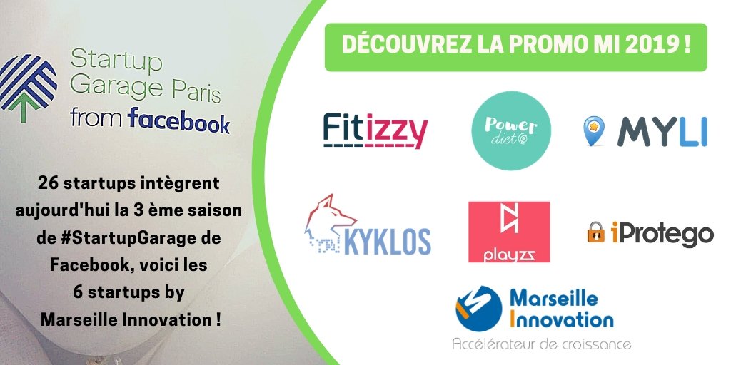 marseilleinnov's tweet photo. 🚨[#SCOOP] 26 #startups intègrent aujourd'hui la 3ème saison du #StartupGarage from @facebook , voici les 6 startups by @marseilleinnov ! 💪

🔹@FitizzyFrance 
🔹Powerdiet
🔹Myli
🔹@KyklosGaming 
🔹Playzz
🔹@iProtego 

Tellement fiers de nos 6 #pépites de l'#innovation ! 🚀 https://t.co/cni903IUKh