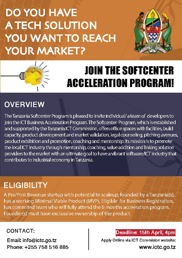 TDCTanzania's tweet photo. Do you have a Market Ready Tech Startup?

Apply for @ict_commission SoftCenter Acceleration Program today!

@BuniDivaz @bunihub @DOTTanzania @255Hub @VenturesSahara @appsandgirls @SmartLab255 @HDIFtz @FSDTanzania  @AkiliReality_ https://t.co/aHirewf5cU