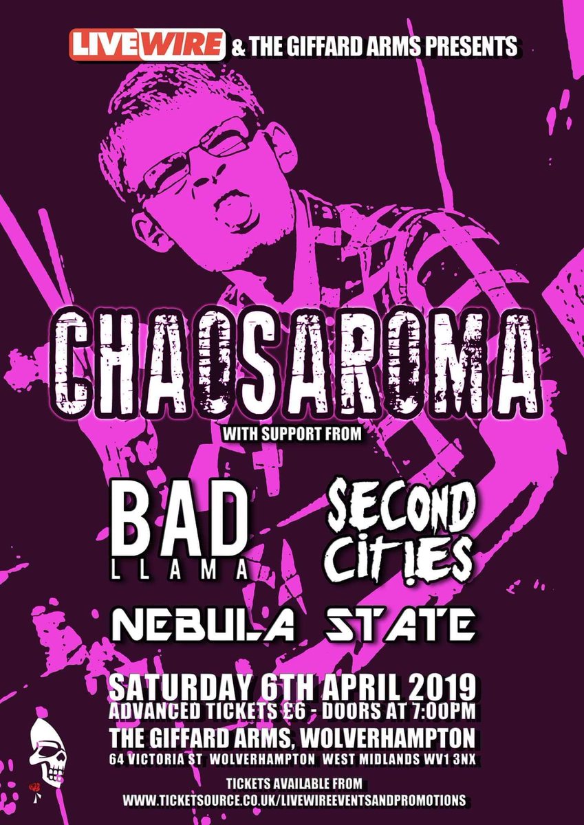 SecondCitiesUK's tweet photo. CausingChaos @thegiffard April 6th -
@chaosaroma , @BadLlamaBand #SecondCities & opening the night @NebulaState ๐
๐๏ธSecond Cities๐๏ธ
#TheGiffardArms #GiffardGigGuide #Wolverhampton #MostHaunted #Chaosaroma #BadLlama #SecondCities #NebulaState #Livewire #AprilGigs #Easter https://t.co/lcTiPoXDIW