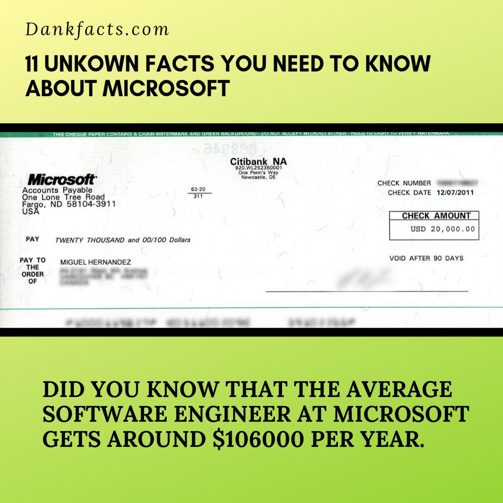Did you know that the average software engineer at Microsoft gets around $106000 per year. Read more about this here:
dankfacts.com/11-facts-micro…