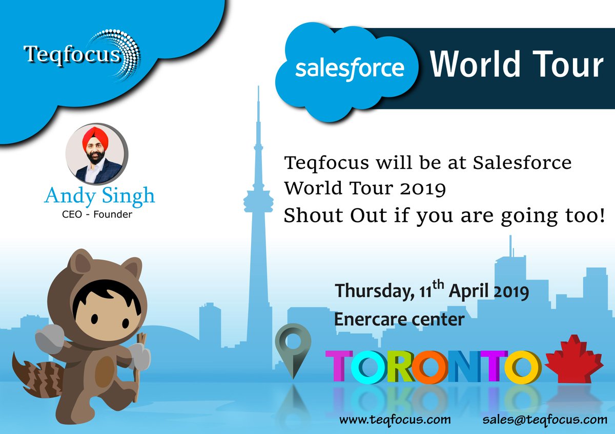teqfocus's tweet photo. Its only two weeks until Salesforce World tour Toronto 2019! Join Teqfocus team in witnessing the innovation in the Salesforce ecosystem and get your queries answered by our consultants. #SalesforceTour #Toronto #Teqfocus #Ohana https://t.co/a5l5BFFJsV