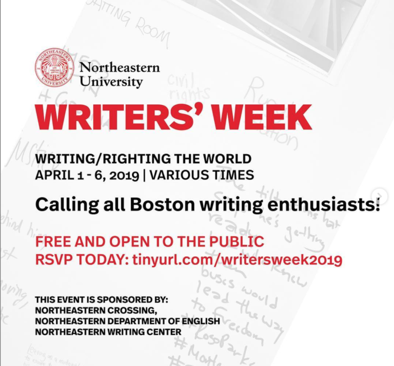 english_nu's tweet photo. 4/1-4/6 Join @NortheasternCrossing, @english_nu, and @NEUWrites for a week of interactive events that are free &amp; open to the public! RSVP today: https://t.co/pxVUWRuVAK #nuexperience #communitywriting #nuwrites @NUCSSH https://t.co/TJPYq4Dg9r