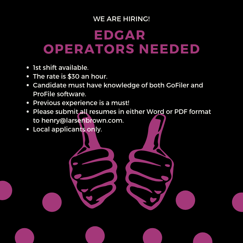 Larsen_Brown's tweet photo. Do you know ProFile HTML & GoFiler Complete? There is a need for your skills. Apply today!! EDGAR Operators needed for first shifts. Please submit resumes to henry@larsenbrown.com
#NYCjobs #GoFiler #ProfileHTML #EDGAR #LarsenBrown https://t.co/qH9ZV1Y8r9
