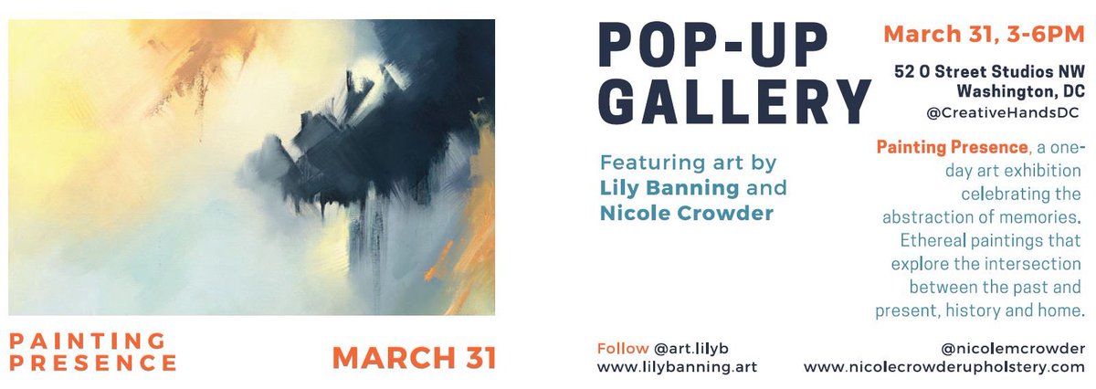 Mark you calendars for “Painting Presence” featuring the art of <a href="/LilyBanning/">Lily Banning</a> and @NicoleMCrowder.  
The one day pop-up is this Sunday from 3-6pm at Creative Hands Studio.
Check out the link for more info: bit.ly/2T5Bhd2