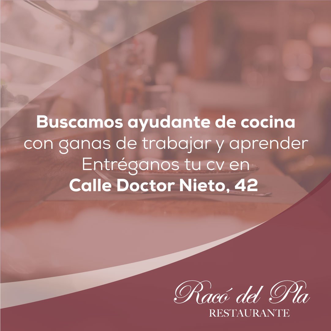 ¿Quieres formar parte de nuestro equipo? 🤗

Estamos buscando ayudante de cocina con ganas de trabajar y aprender 👨‍🍳 ¡Acércate a nuestro restaurante y déjanos tu currículum! #Restaurante #RacódelPla #Alicante