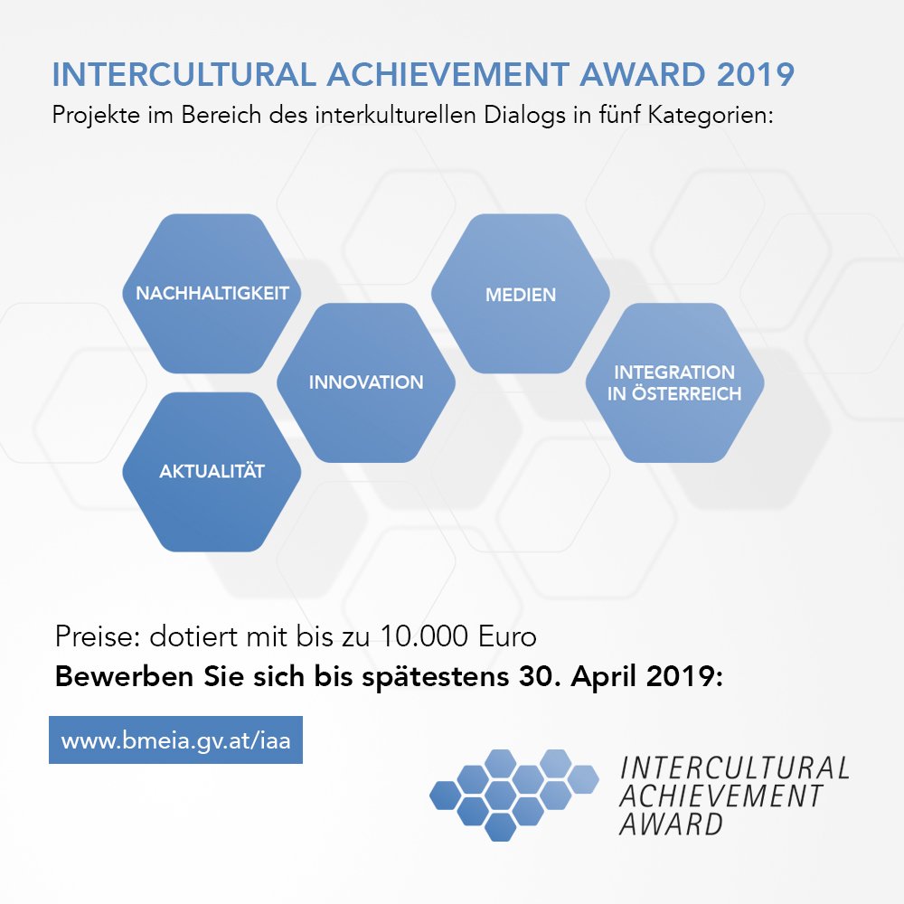 Wir suchen wieder innovative Projekte im Bereich des interkulturellen Dialogs für den Intercultural Achievement Award 2019. Informieren Sie sich unter bmeia.gv.at/iaa/ und reichen Sie Ihr Projekt noch bis 30. April ein!
