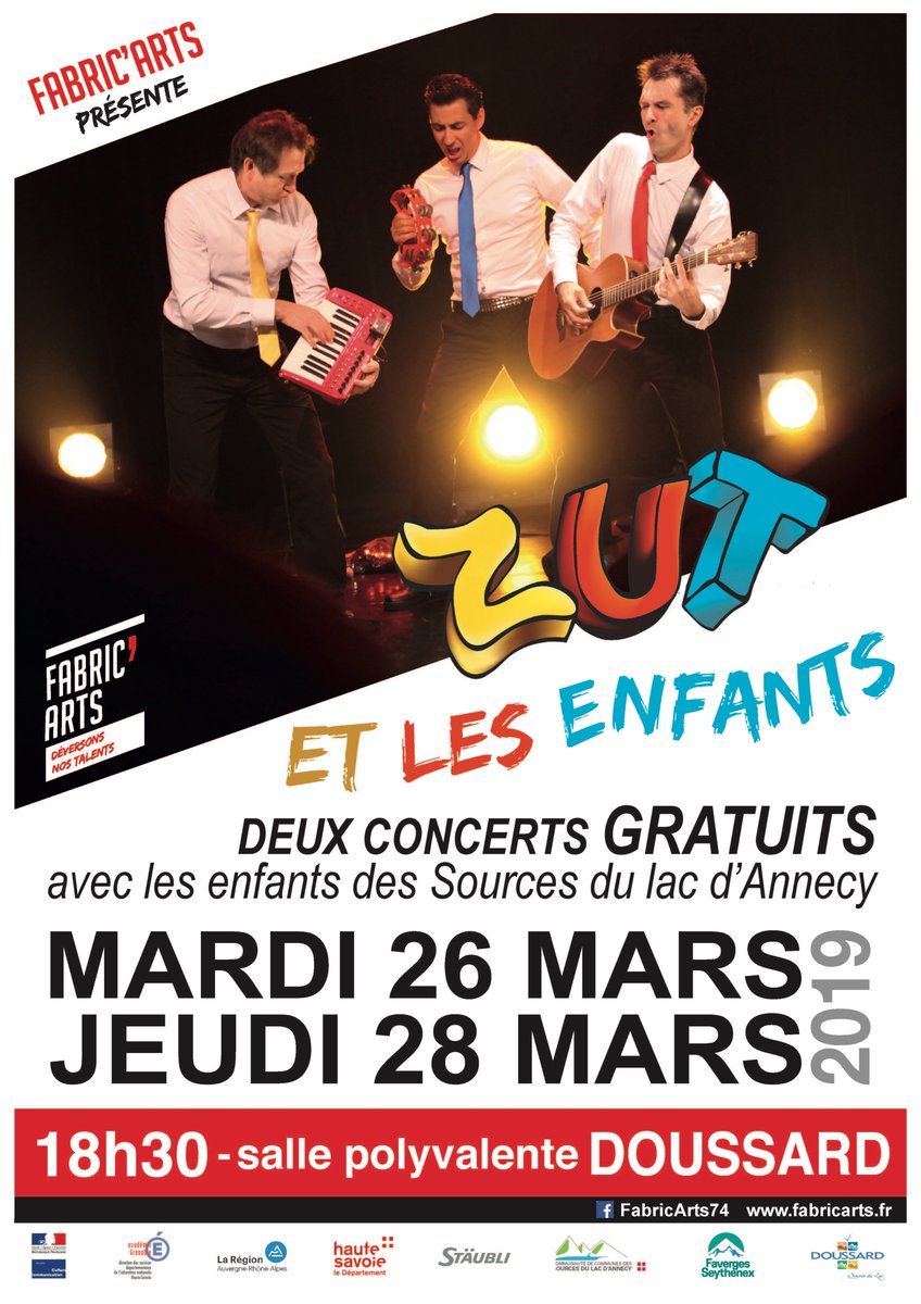 Concerts “ZUT et les enfants” mardi 26 et jeudi 28 mars à 18h30 à la salle polyvalente de Doussard.
Le trio ZUT et 400 enfants des Sources du lac d’Annecy se partagent l’affiche dans le cadre de Fabric’Arts.  Gratuit.
facebook.com/events/3126956…